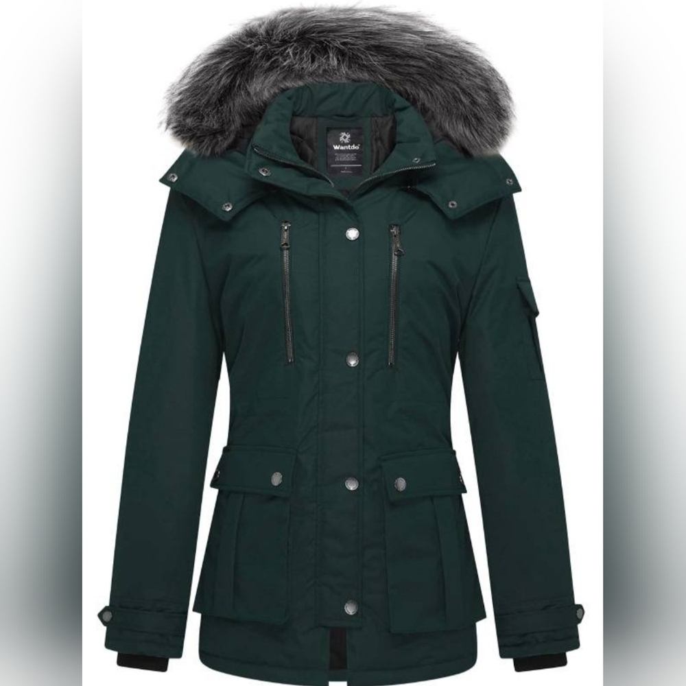 Wantdo Women's Winter Forest Green Parka Jacket with Faux Fur Trim NWOT